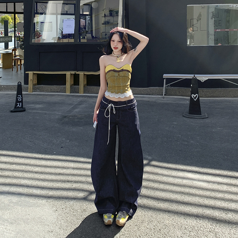 American Style Retro Ruffled Double Waist Design Wide Leg Jeans Women's Loose Slimming Trendy All-match Trousers