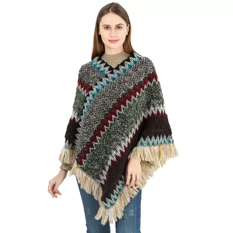 彩色民族风套头斗篷女poncho腈纶女针织披风保暖秋冬外贸现货披肩