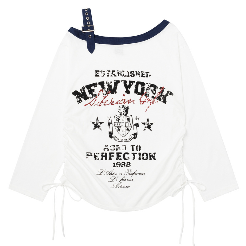 Men's Clothing 2025 American Retro Sexy Slope Neck Off-Shoulder Top Women's Niche Letter Print T-Shirt Summer Trend