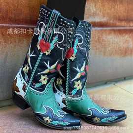 34-43大码欧美外贸粗跟中跟复古刺绣铆钉拼色西部牛仔短女靴X外贸