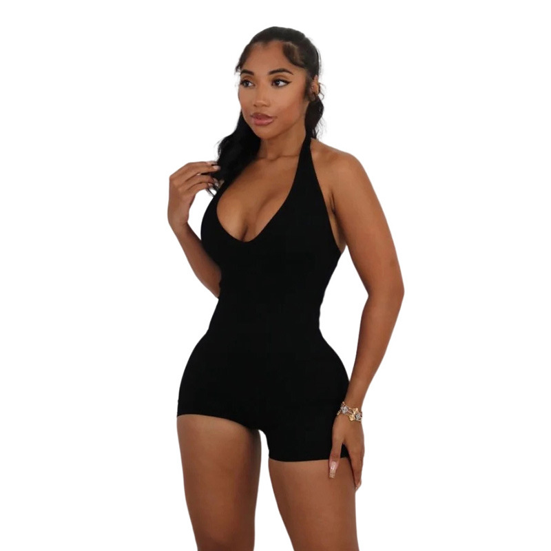 Einfarbiger, sexy, ärmelloser Neckholder mit tiefem V-Ausschnitt für Damen, rückenfrei, hoher Taillen-Body, Lady Skinny, sportlicher Strampler_voghion.com