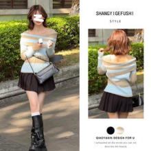 2025秋季韩系穿搭减龄一字肩条纹针织毛衣百褶裙两件套显瘦女装