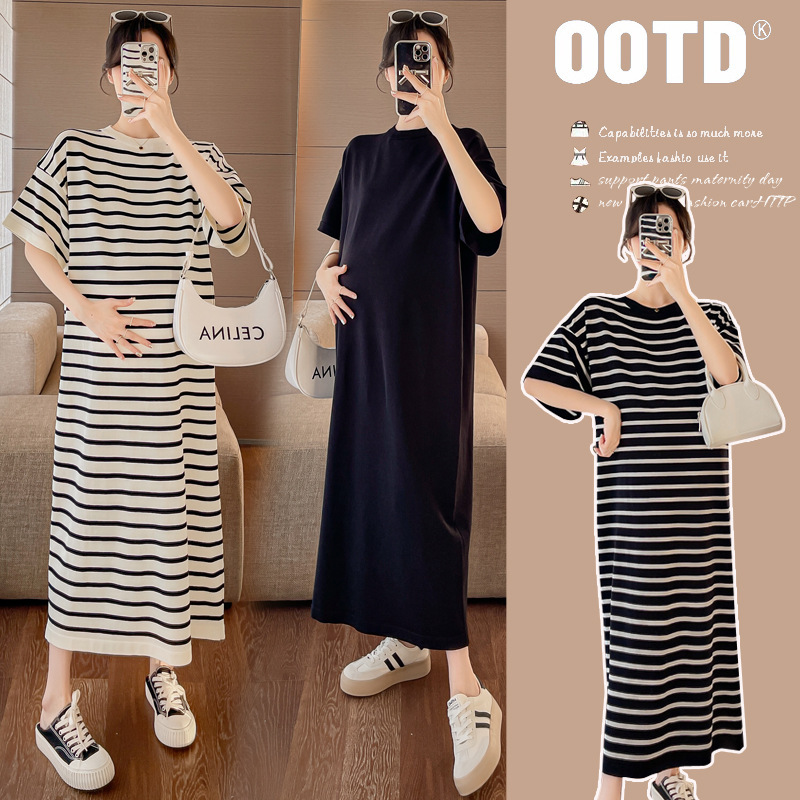 2025 New Maternity Short-Sleeved Summer Dress Striped Round Neck Ice Silk Knitted Loose Slimming Long Dress