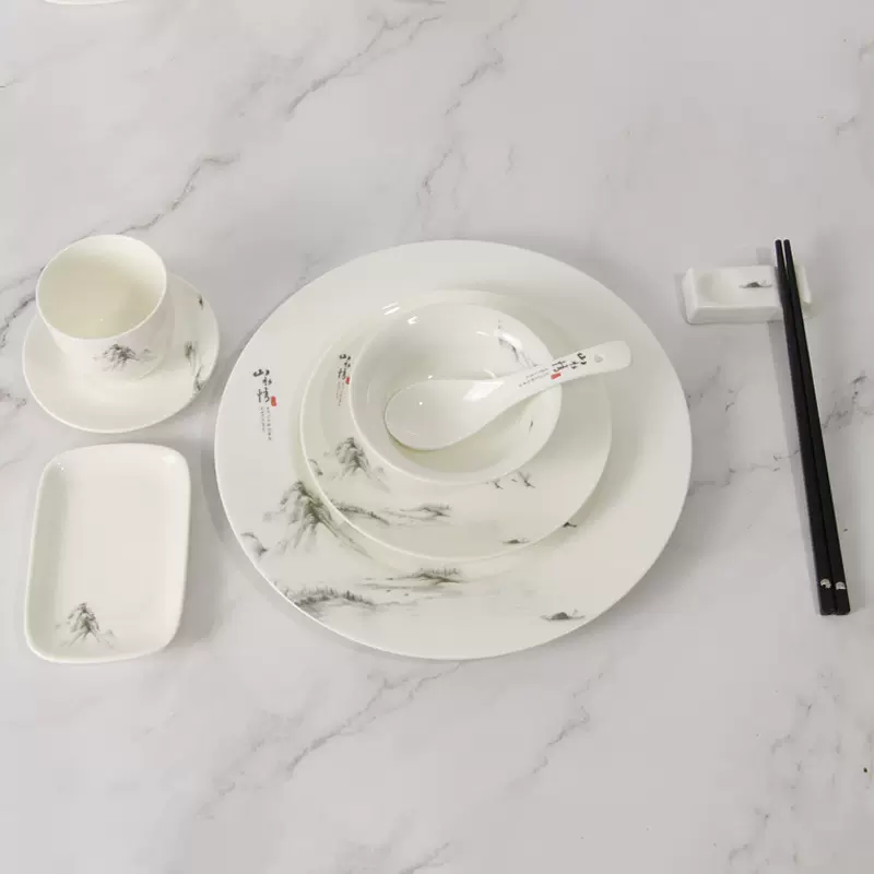 宾馆会所餐厅饭店酒店陶瓷摆台前厅餐具陶瓷盘碗盘汤匙水杯骨碟