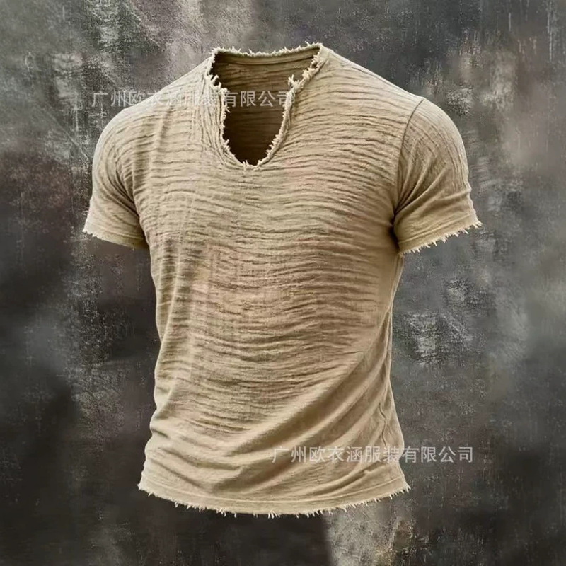 Cross-Border 2026 New Product Amazon Solid Color Men's Retro Cotton and Linen Fringed Special V-Neck Short-Sleeved T-Shirt for Summer Cross-Border 2026 New Product Amazon Solid Color Men's Retro Cotton and Linen Fringed Special V-Neck Short-Sleeved T-Shirt for Summer