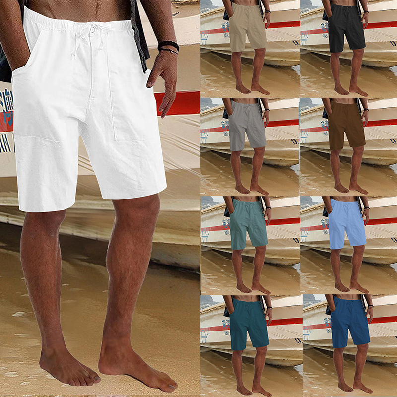 2022 Men's Linen Shorts Yoga Beach Loose Casual Summer Elastic Waist Drawstring Loose Pants with Pockets