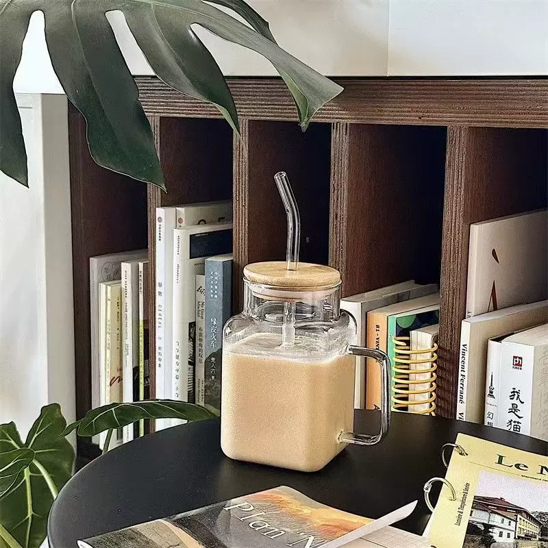 高硼硅方形带盖吸管玻璃杯高颜值ins风马克杯单层透明果汁杯