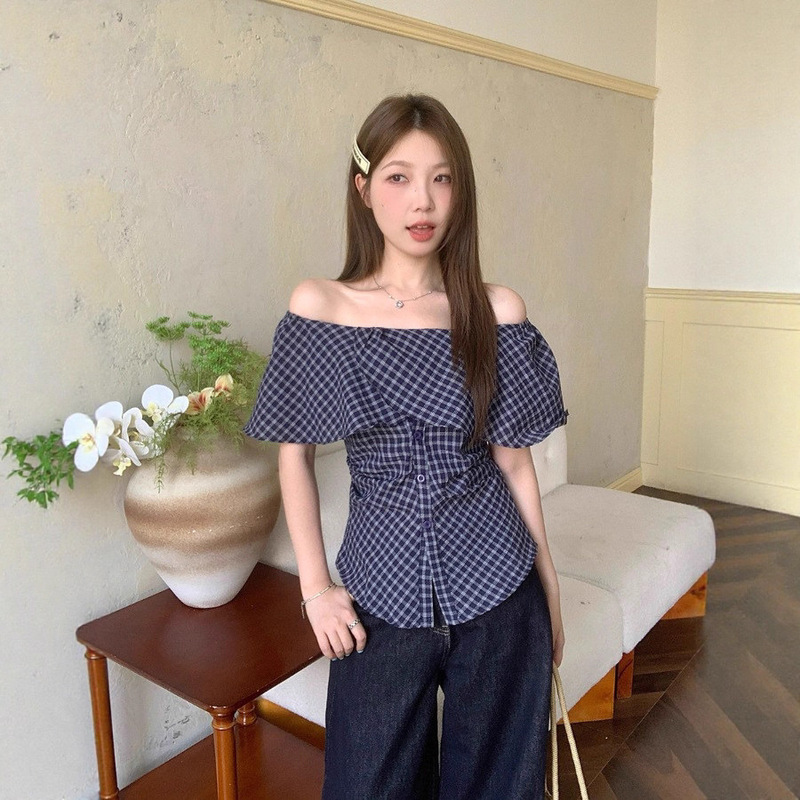 Korean Style One-Shoulder Plaid Pinch-Waist Pleated Plaid Shirt Women's Summer Design Slimming Off-Shoulder Top Korean Style One-Shoulder Plaid Pinch-Waist Pleated Plaid Shirt Women's Summer Design Slimming Off-Shoulder Top