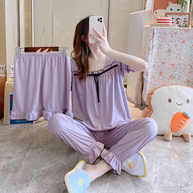 2023 pijamas traje de tres piezas de verano para niñas color sólido coreano dulce lindo verano Delgado estilo ins ropa para el hogar