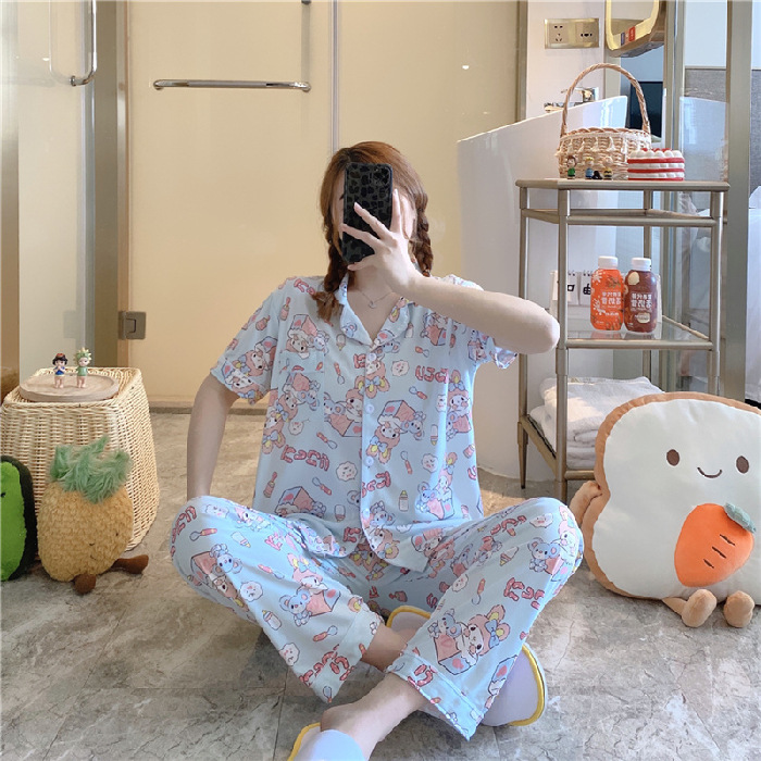 Pantalones de manga corta pijamas de las mujeres de verano estilo coreano ins cardigan leche traje de seda hogar ocio dibujos animados estudiante fuera image 22