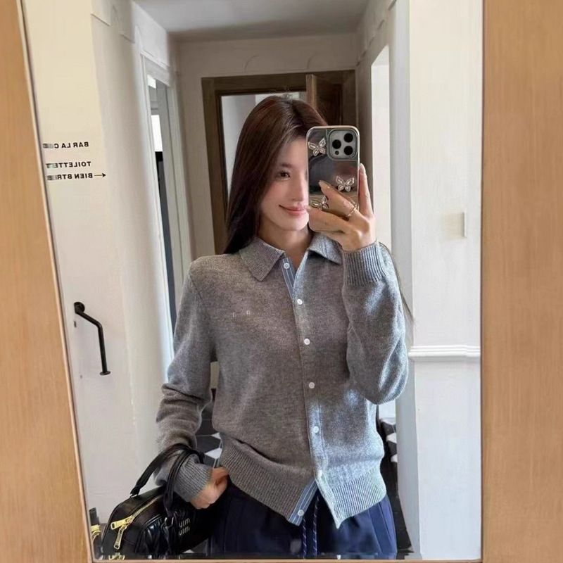 欧洲站2025早秋新款女潮时尚休闲字母刺绣POLO领长袖羊毛针织开衫|undefined