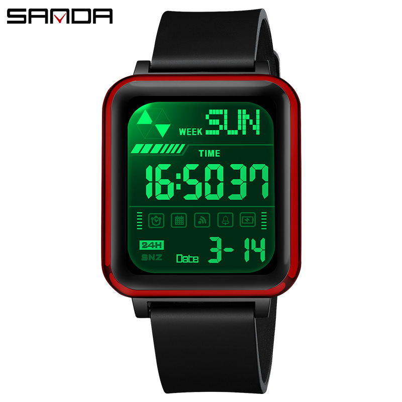 Sanda moda cuadrada personalidad reloj masculino y adolescente impermeable reloj electrónico multifuncional de luz nocturna