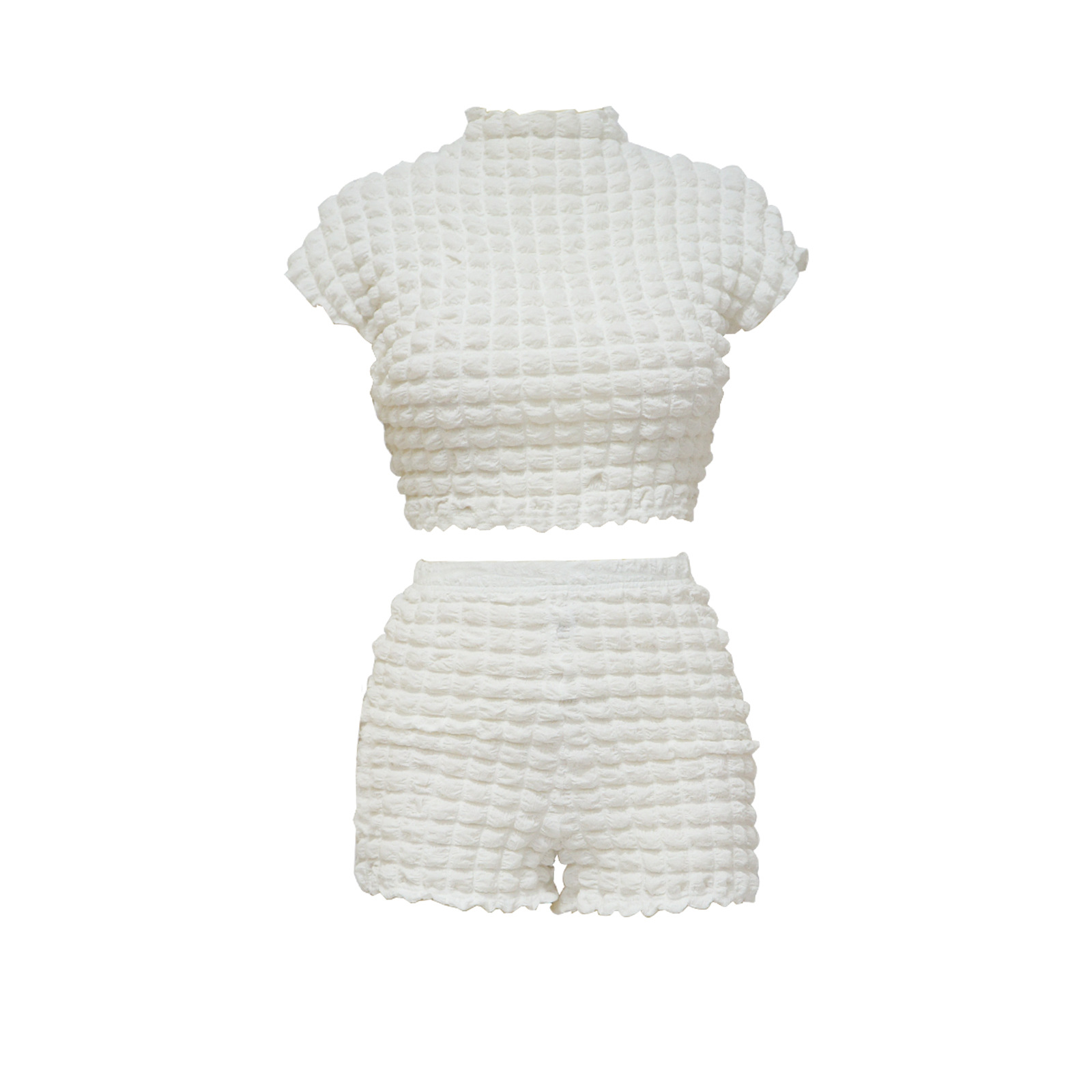Women's Sleeveless Cropped Two Piece Set Bubble Popcorn Shorts_ecoleips.com