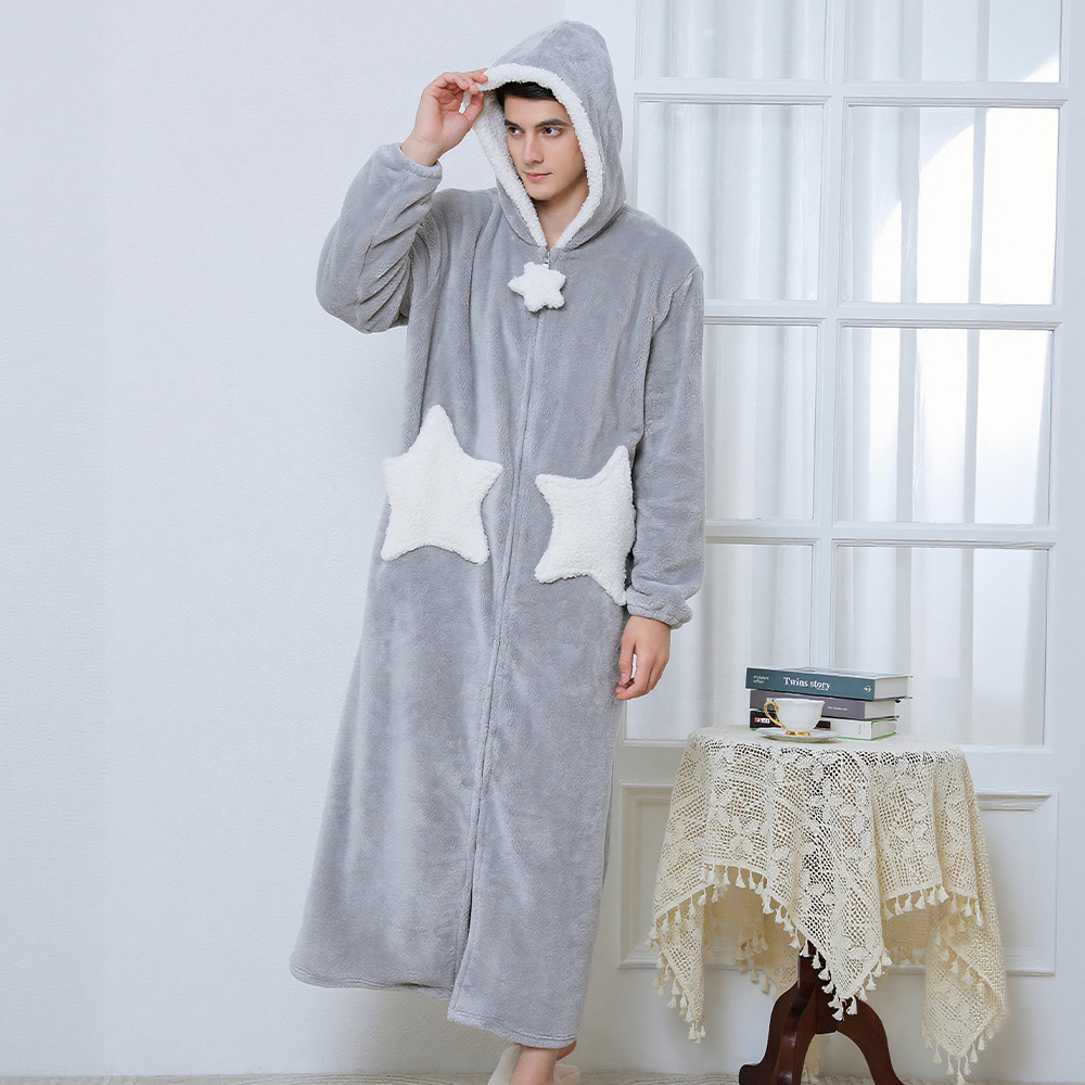 Camisón para parejas de talla grande, camisón con estampado de estrellas, ropa de dormir de forro polar coral grueso, estilo largo de franela para otoño e invierno, venta al por mayor transfronteriza. image 9