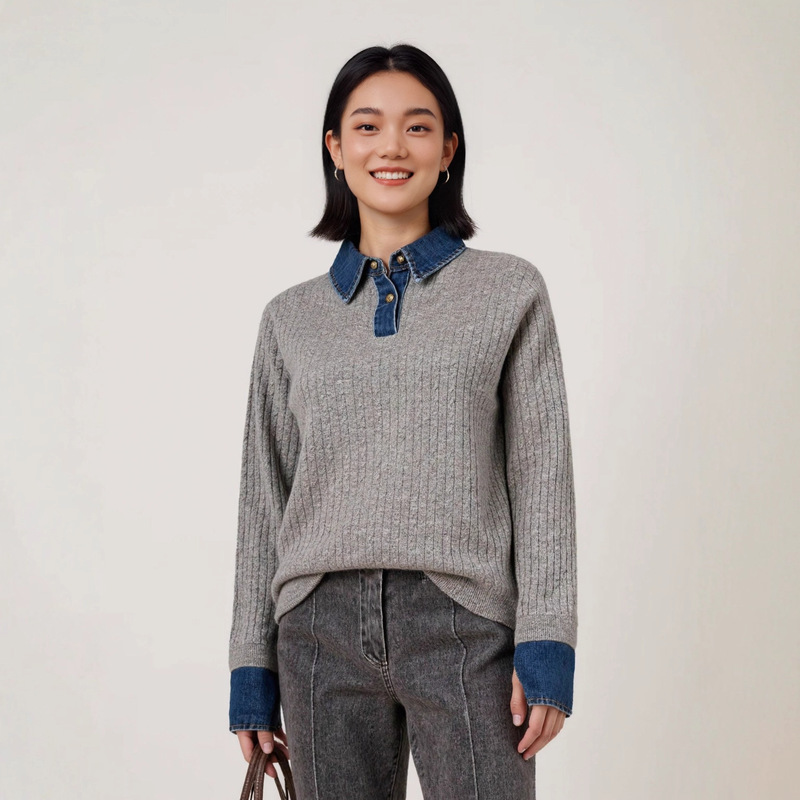 Denim Splicing Fake Two-Piece Knitwear for Women 2025 Autumn and Winter New Loose Polo Collar Cable Knitwear Wool Top