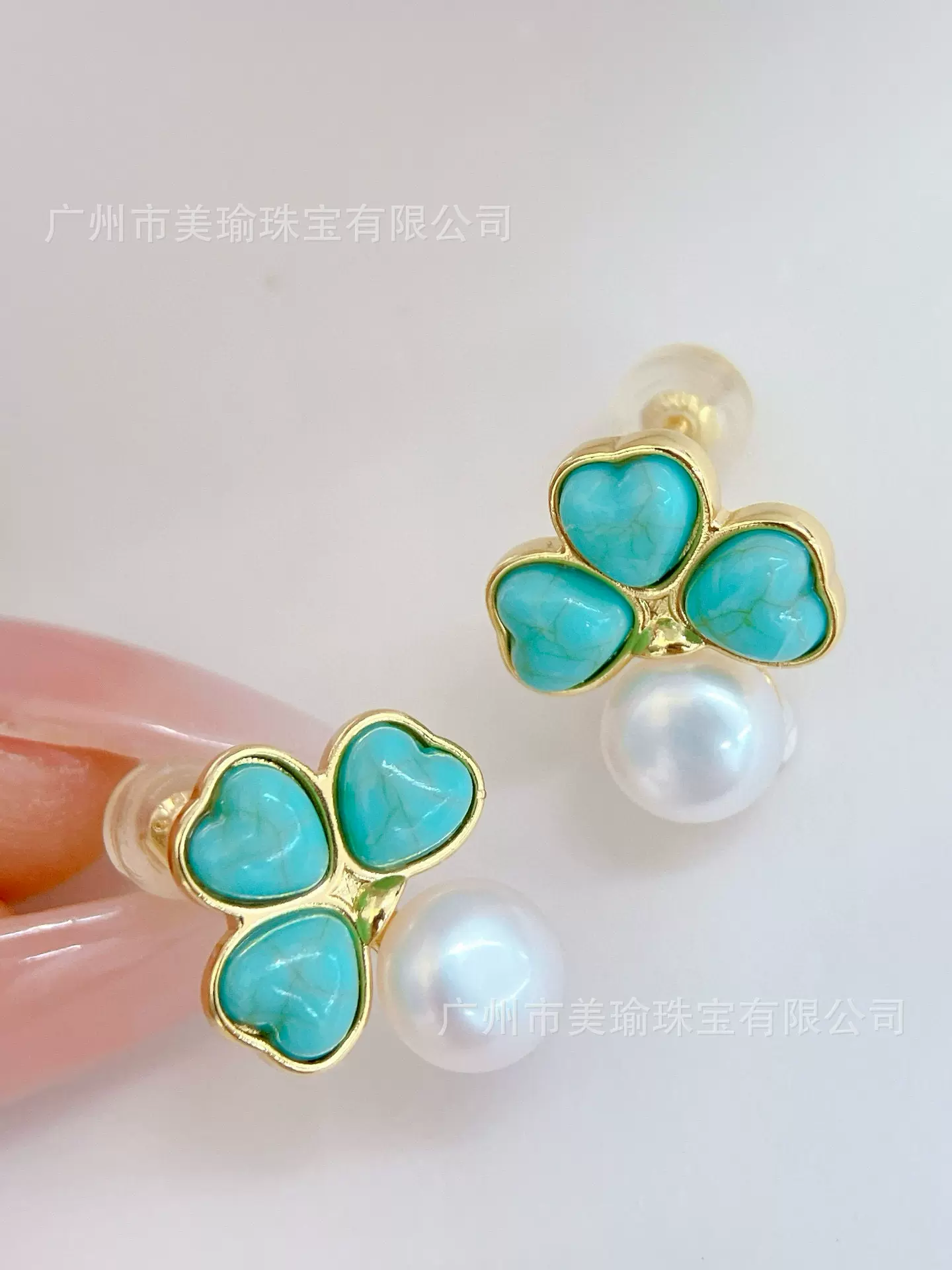 诸暨天然淡水珍珠耳饰精致法式幸运三叶草镶嵌14k注金耳钉女批发