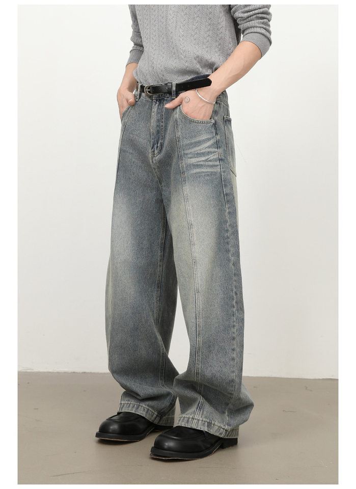 Quần jean nam ống rộng lưng giữa, dáng suông thẳng, denim mềm phong cách retro — màu xanh chi tiết 9