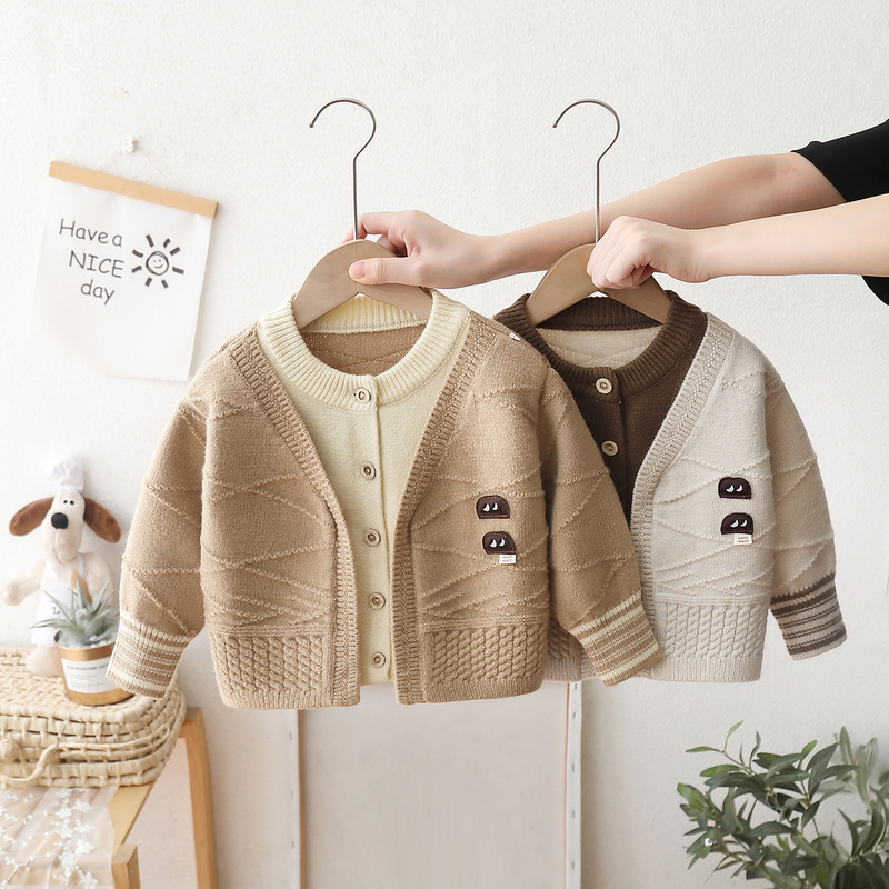 Dropshipping 2025 New Boys' Sweater Cardigan Baby Autumn and Winter Children's Knitted Long-Sleeve Jacket Fake Two-Piece