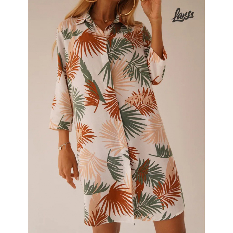 2025 Spring and Summer New European and American Style Fashionable Elegant Printed Lapel Single-Breasted Cardigan Dress