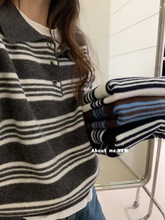 韩系羊毛条纹polo领套头毛衣女秋冬新宽松时尚百搭针织衫外套