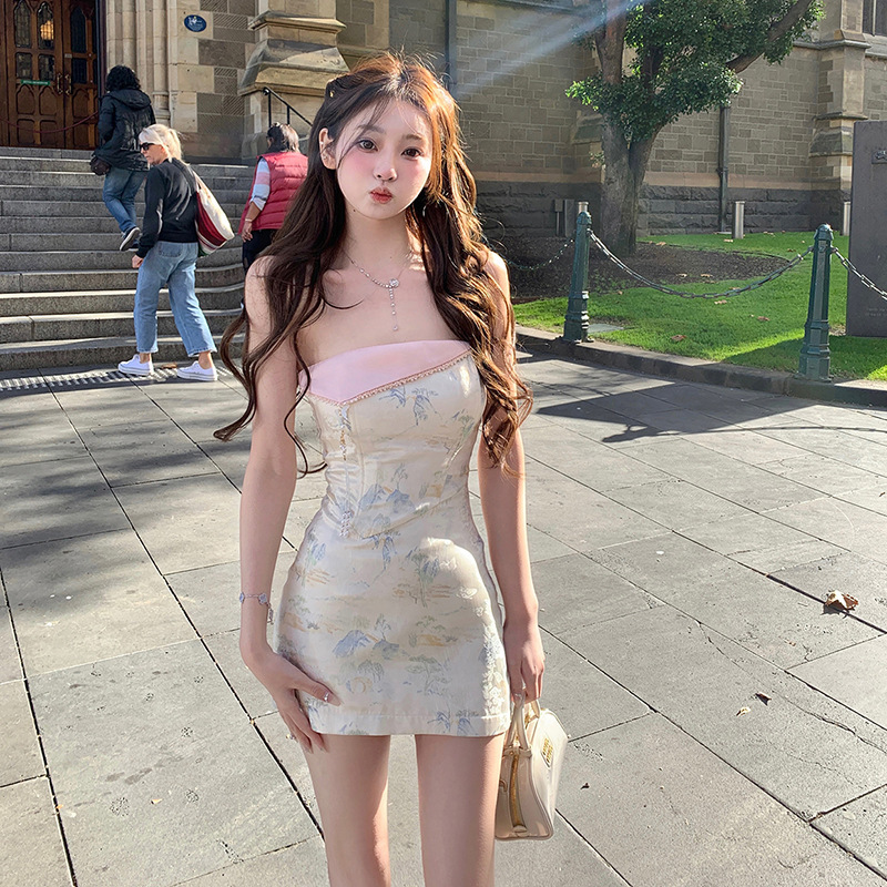 TZ3996 New Chinese Style Collar Folding Strapless dress Women's Summer New Sexy Pure Ink Blue Slim-fit Skirt