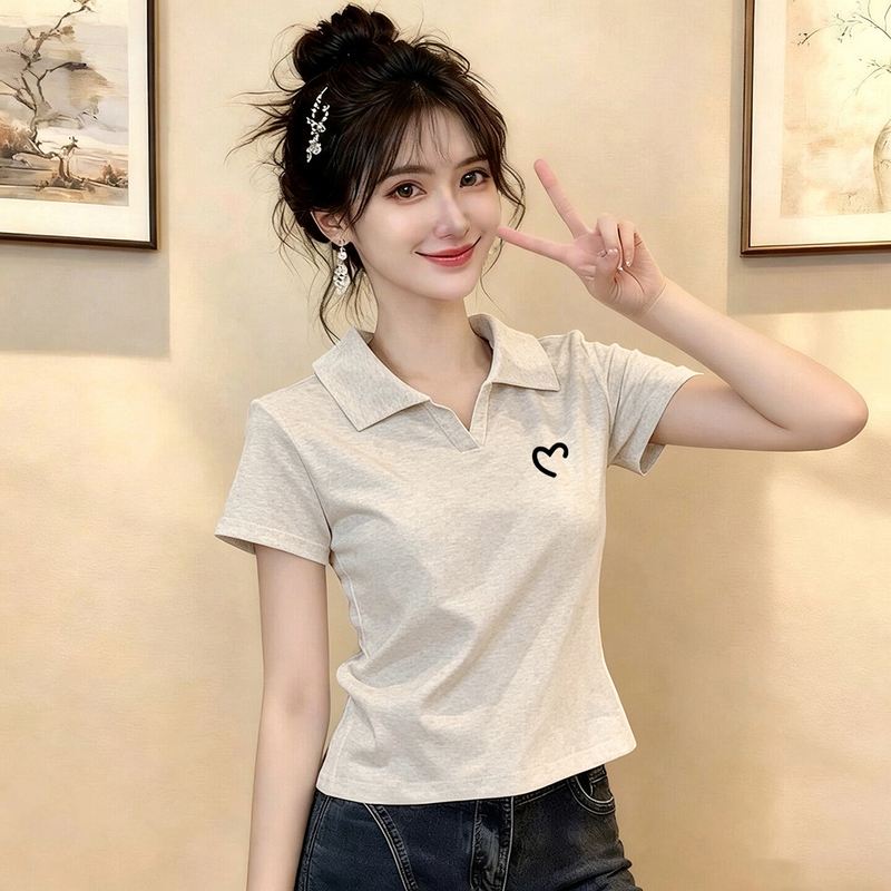 Simple polo collar pure cotton short-sleeve t-shirt for women, summer turn-down collar, slimming, fashionable and stylish top for petite women Simple polo collar pure cotton short-sleeve t-shirt for women, summer turn-down collar, slimming, fashionable and stylish top for petite women