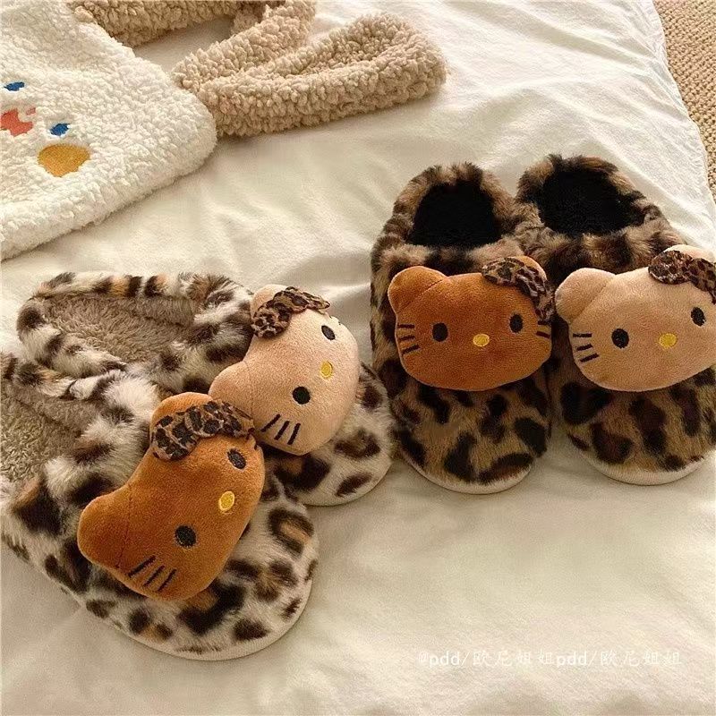 Leopard Print Cat Slippers 2024 New Cotton Slippers for Women Winter Couple Plush Eva Thick-Soled Indoor Closed-Toe Slippers