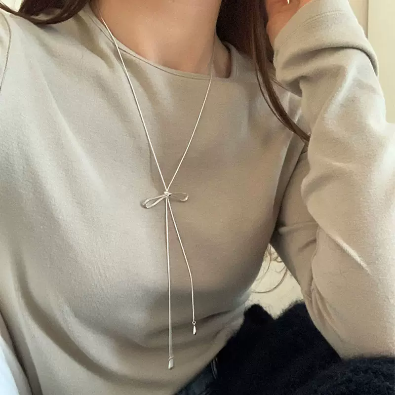 简约蝴蝶结抽拉式长款项链女韩国小众ins个性时尚百搭颈链毛衣链