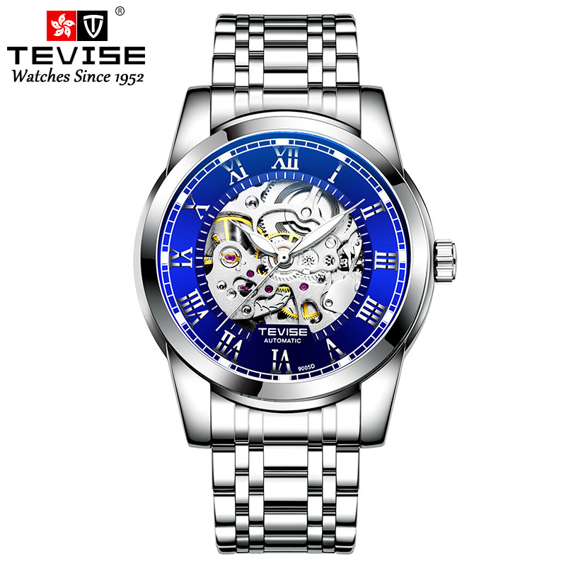 TEVISE nueva correa de acero resistente al agua reloj automático de los hombres de negocios simple reloj mecánico simple luminoso