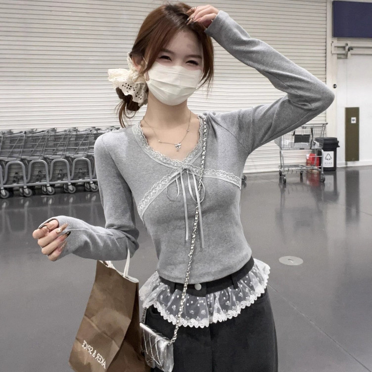 Ins Pure Desire Sexy Low-Cut V-Neck Lace Patchwork Long-Sleeve T-Shirt for Women, Spring and Autumn Slim-Fit Short Base Shirt Top for Women t