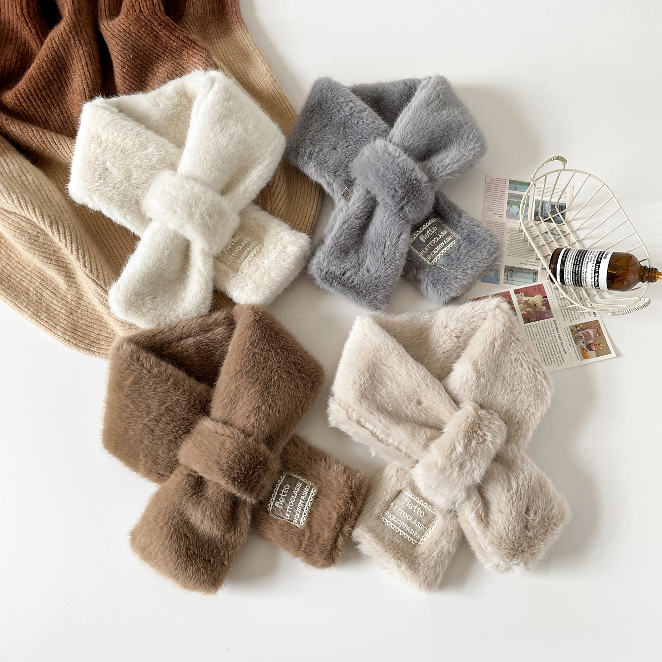Korean Style Versatile Thickeneded Fur Collar Scarf Pure Color Cross Plush Scarf Women's Winter Thickeneded Warm Neck Scarf