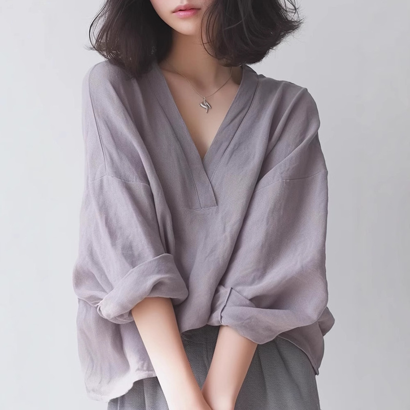 French Purple V Neck Long-Sleeved Shirt for Women Autumn and Summer Thin 2025 New High-End Elegant Loose Casual Top