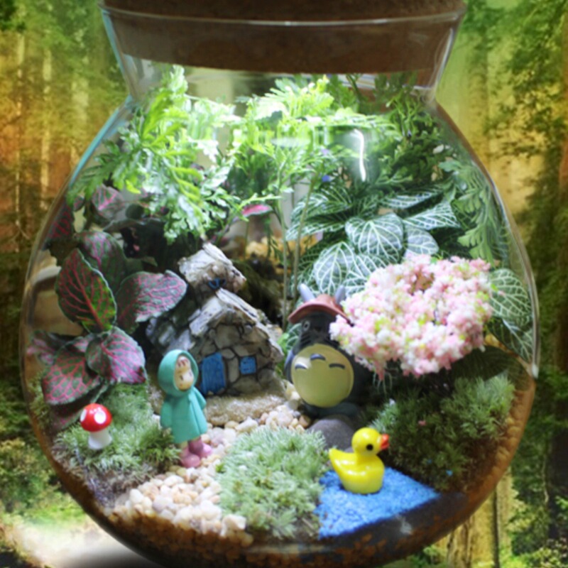 Moss micro landscape finished ecological bottle creative night light Totoro decoration diy green plant glass potted birthday gift
