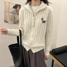 刺绣半高领翻领毛衣女秋冬季2025新款加厚宽松外穿针织衫长袖上衣