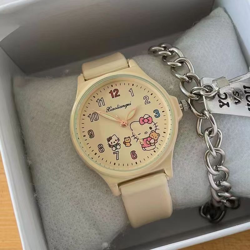 Children's Watch for Girls with Good Looks, Cartoon Apricot Cream Style Silicone Pointer Type for Primary School Students and Junior High School Exams