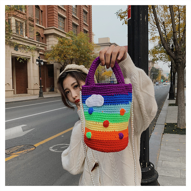 Women's Medium Plush Rainbow Stripe Cute Beading Weave Bucket Open Crossbody Bag display picture 5