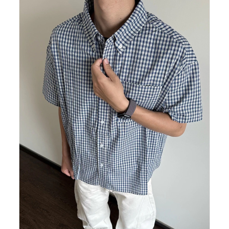 American Summer Casual Style Plaid Short-Sleeved Commuter Shirt for Men, Versatile Loose Retro Short Cityboy Shirt