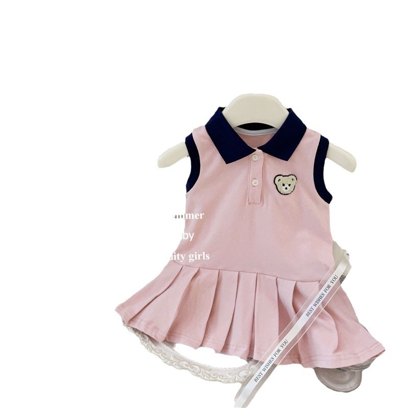 Vestido de polo de bebé de siete ositos de limón salado estilo universitario 2025 chaleco de bebé de verano vestido de princesa plisado marea
