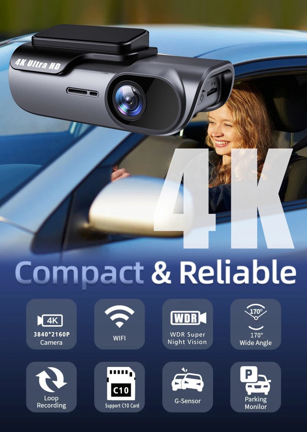 2026 New Product Cross-Border High-Definition 4K Car Dashcam Front and Rear Camera Dashcam Vehicle Recorder