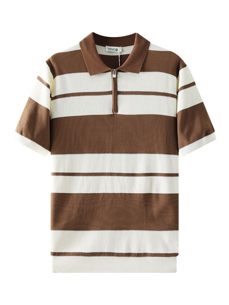Lujo ligero viejo estilo de dinero para hombres a rayas de punto polo de seda de hielo para hombres mangas cortas de negocios casual solapa de alta calidad ropa de hombre