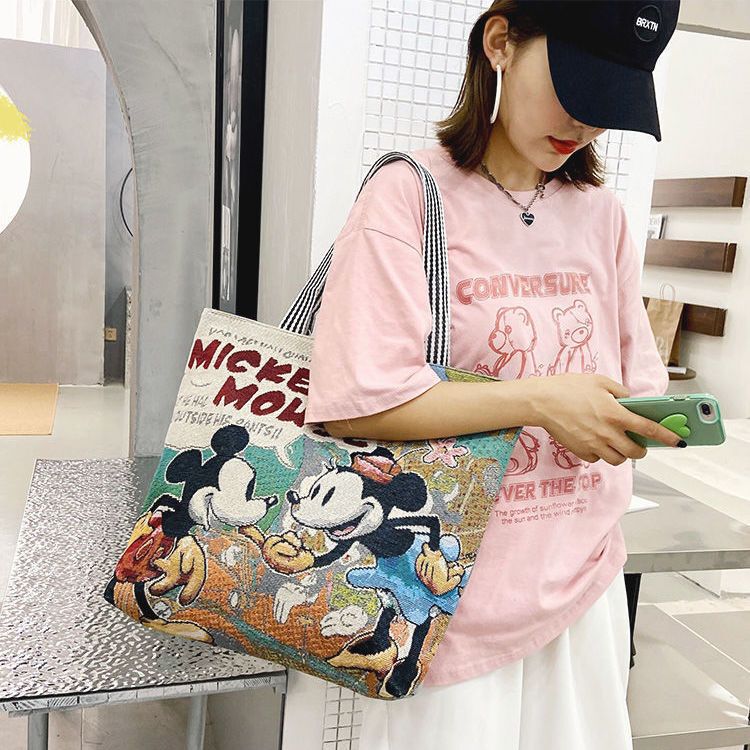 New Women's Canvas Portable Shoulder Bag Cartoon Rust Simple Large-Capacity Shopping Bag Short-Distance Travel Bag