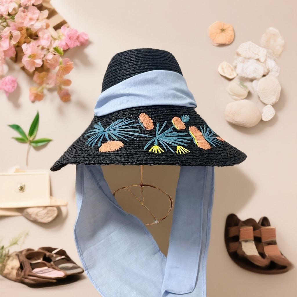 Solhatt i halm för dam i hepburn-stil med broderade blommor_voghion.com
