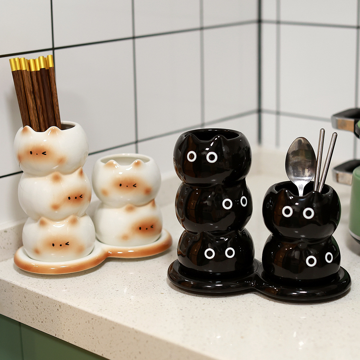 Lindo gato siamés tubo de palillos de cerámica tubo de almacenamiento de drenaje de encimera de cocina doméstica cubo de almacenamiento de cuchara de palillos de alto valor