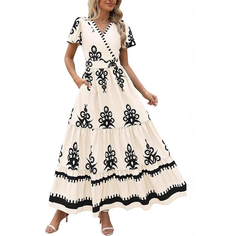 2025 Amazon Cross-Border European and American New V Neck Bohemian Elegant Bell Sleeve Layered Print Dress 2025 Amazon Cross-Border European and American New V Neck Bohemian Elegant Bell Sleeve Layered Print Dress