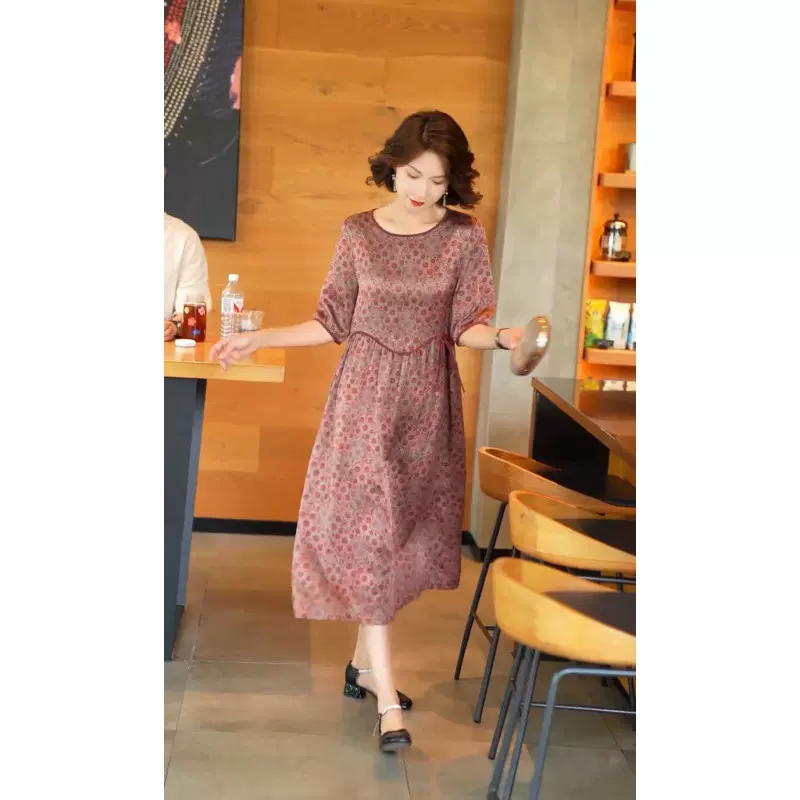 高品质大码遮肚减龄中年女真丝连衣裙夏季新款中长款桑蚕丝印花裙