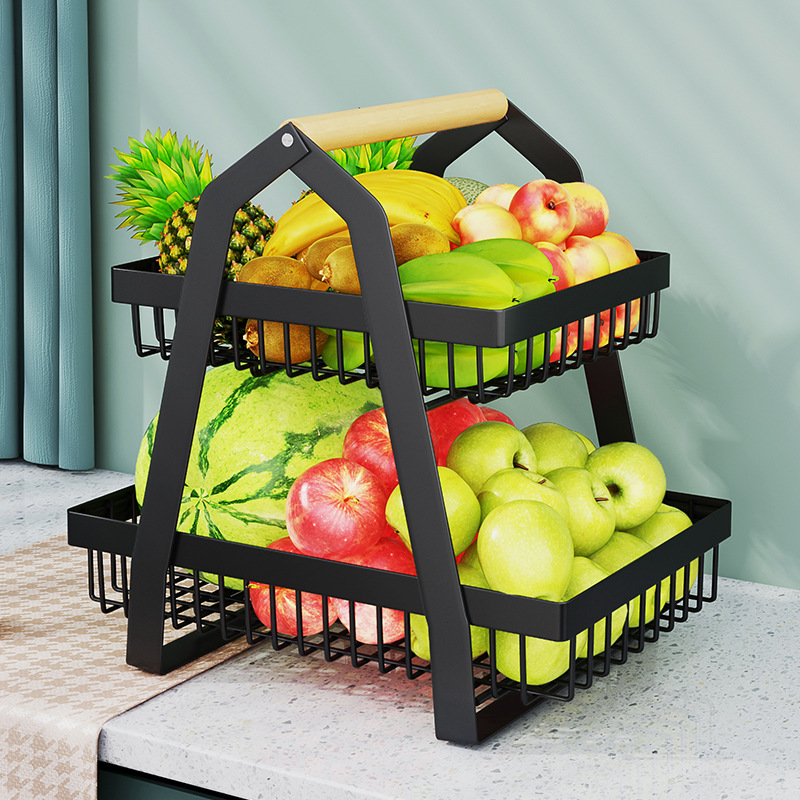 Condimento transfronterizo de aperitivos de hierro cesta de verduras y frutas mesa de cocina cesta de almacenamiento estante de almacenamiento cesta de hierro portátil de doble capa