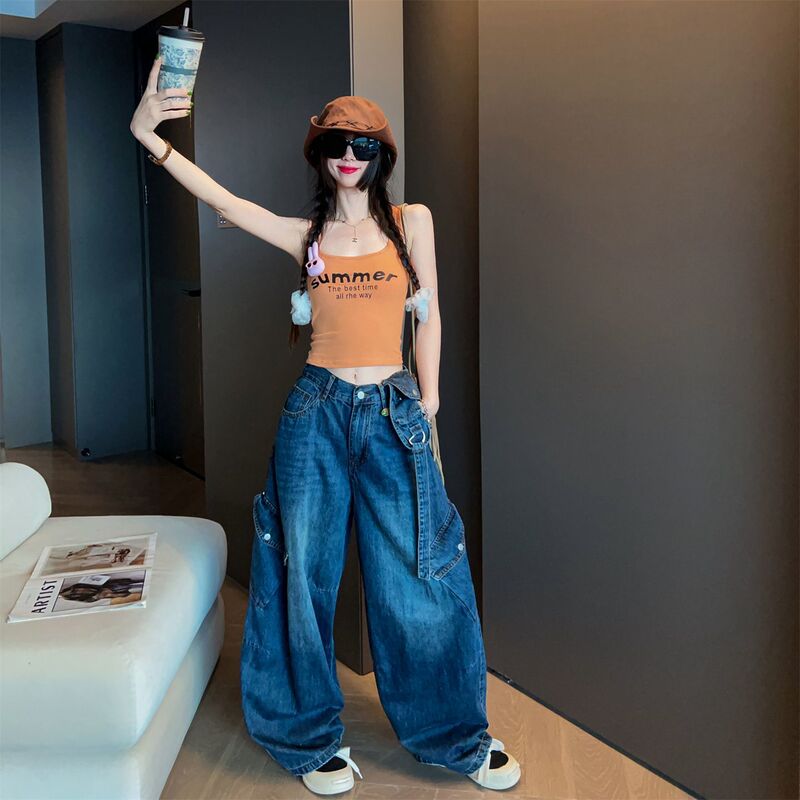 大码美式高街阔腿弯刀牛仔裤女设计感宽松垂感显瘦高腰休闲拖地裤|undefined