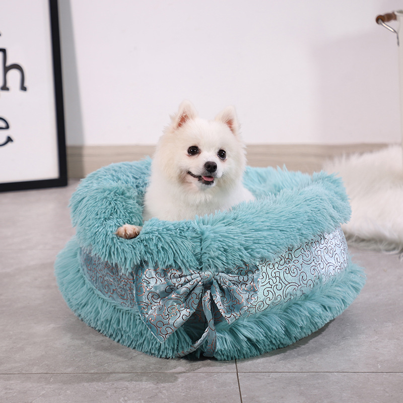 Cat bed winter warm round bow plush cute dog bed kitten bed semi-enclosed dog house pet supplies