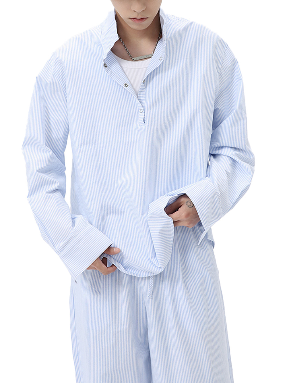 MTLCLOTHES Hombres| Camisas de cuello vertical a rayas coreanas, pantalones largos sueltos, moda de traje casual