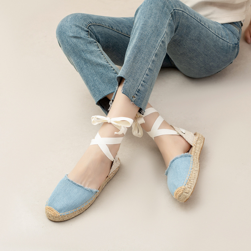 Platform Sandals Women's Lace-up Straw Shoes Spring and Summer New Arrival Fisherman Shoes Denim Linen All-match Casual Canvas Comfortable Shoes